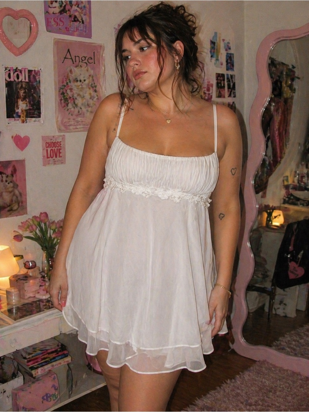 Flora Nikrooz Women's White Y2K Floral Lace Babydoll Lingerie Slip Dress Size XL